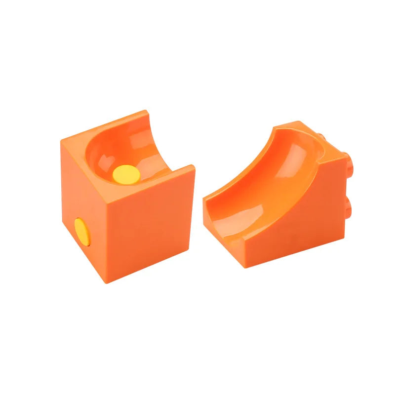 Orange marble run building blocks set with tracks and funnels