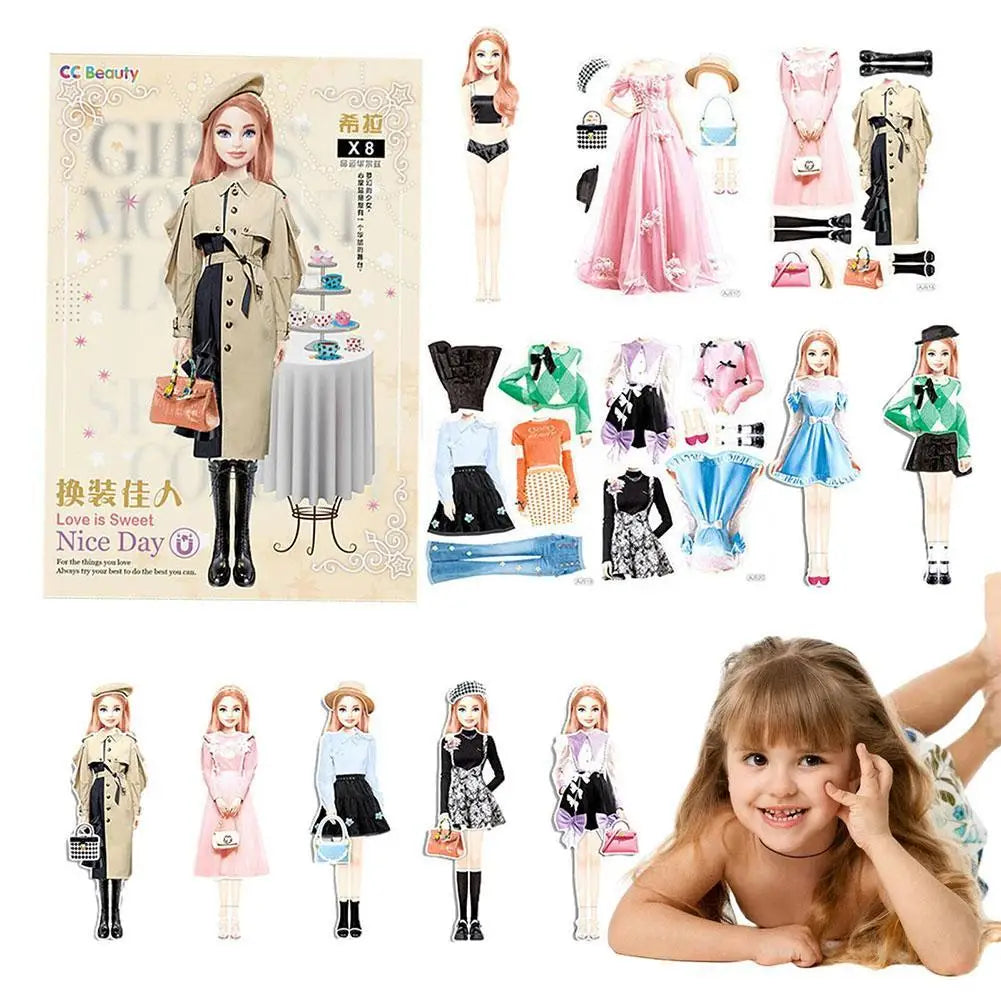 Et sett med magnetiske prinsessekjoler og tilbehør for barn, inkludert ulike stiler og farger.