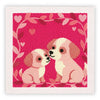 Kit de bordado de aguja mágica rosa con dos perritos rodeados de enredaderas florales en fondo magenta