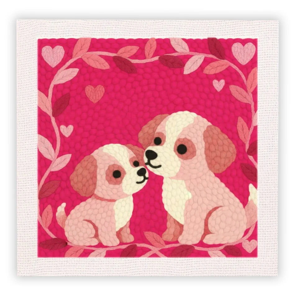 Kit de bordado de aguja mágica rosa con dos perritos rodeados de enredaderas florales en fondo magenta
