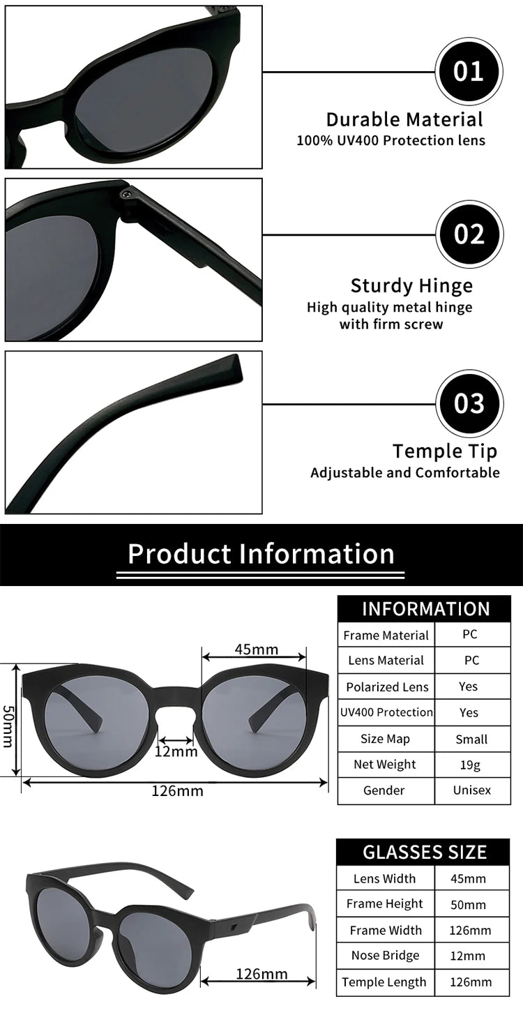 Black polarized UV400 sunglasses featuring a durable PC frame and sturdy metal hinge.
