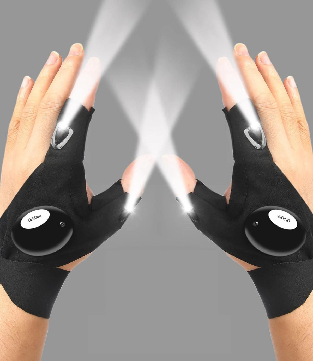 Pair of black LED fingerless gloves with built-in flashlights illuminating the palms