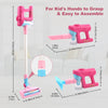 Pink kids interactive toy vacuum cleaner with lights and sounds shown in various assembly stages.