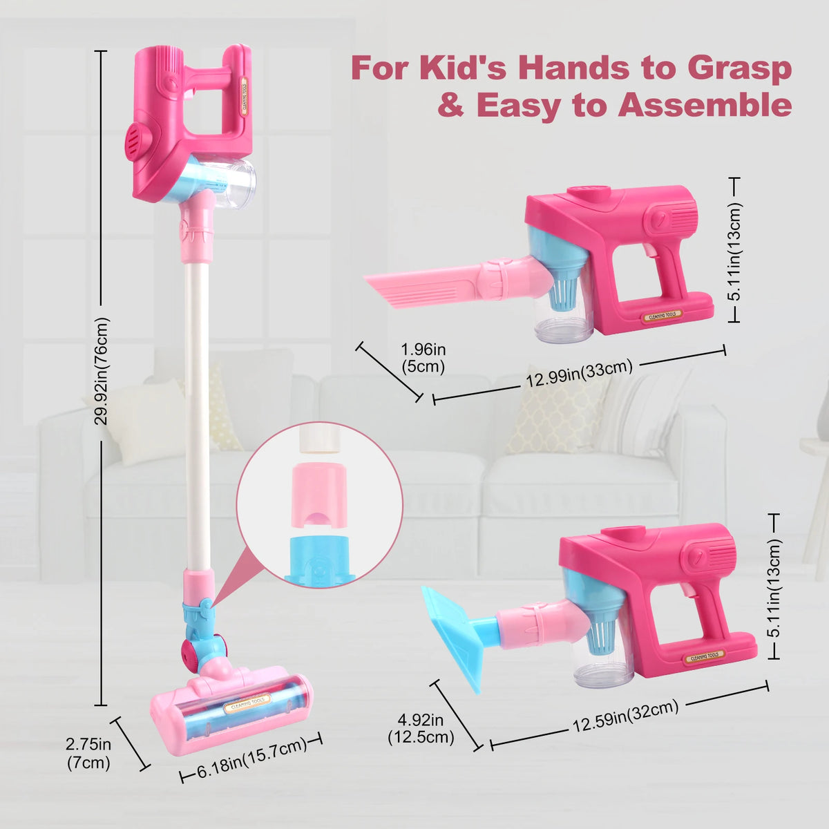 Pink kids interactive toy vacuum cleaner with lights and sounds shown in various assembly stages.