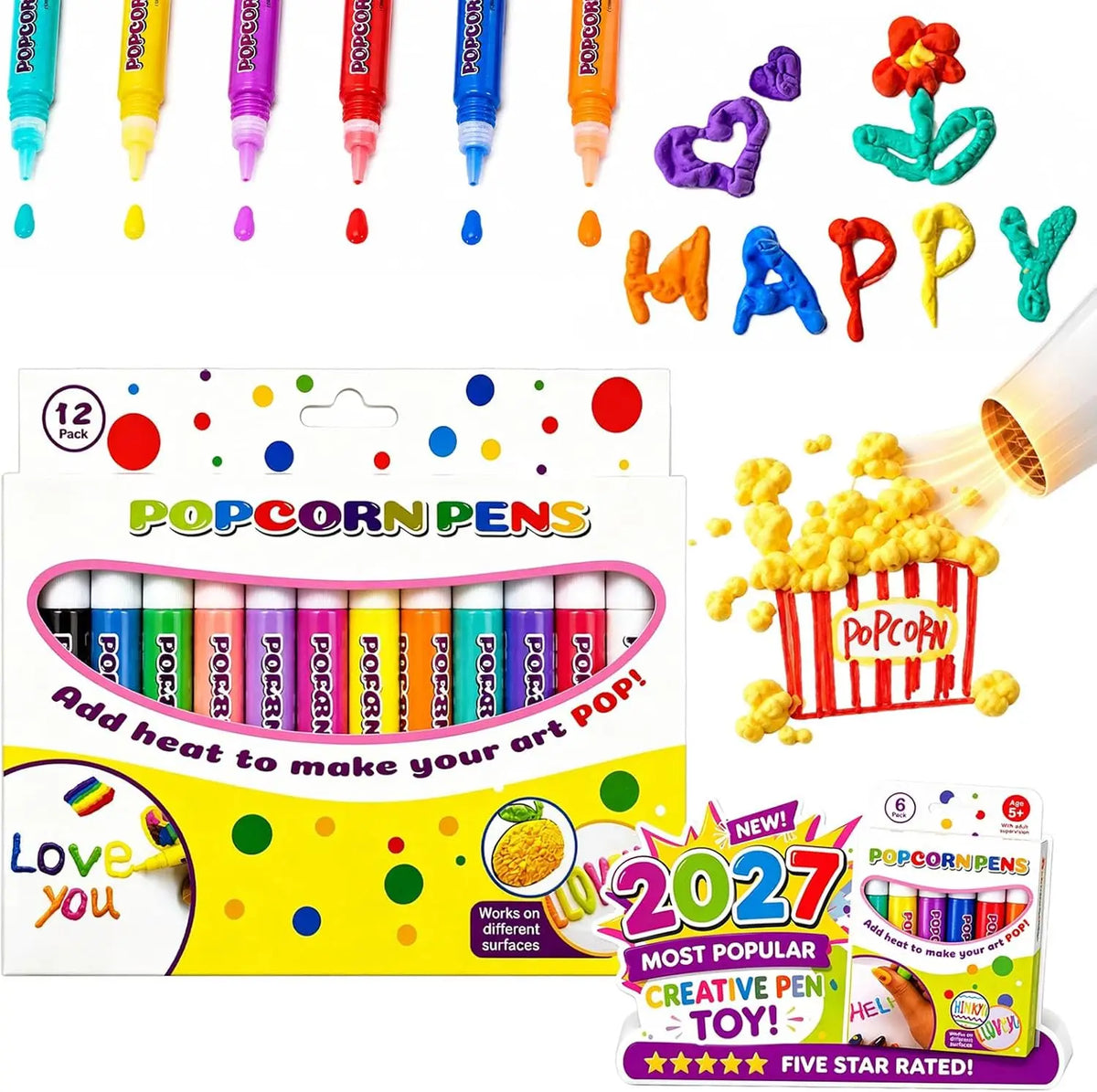 A set of colorful popcorn pens and a box demonstrating the product for art and crafts.