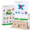 A set of wooden logic puzzles for kids showing matching shapes and letters.