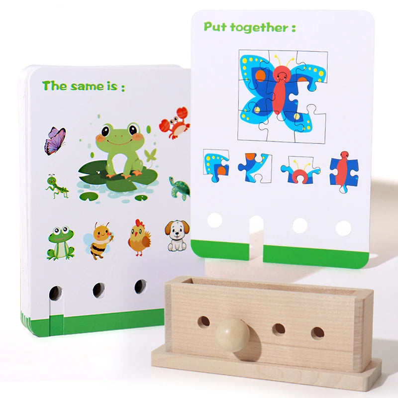 A set of wooden logic puzzles for kids showing matching shapes and letters.