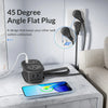 A black angle flat plug power strip with two AC outlets and three USB ports plugged into a white marble surface.