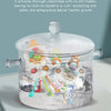 A clear silicone jar filled with colorful toys and water droplets, demonstrating a sterilization process.