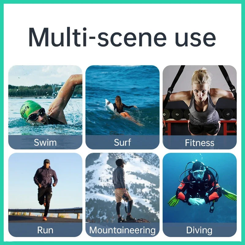 A grid showing various sports activities like swimming, surfing, fitness, running, mountaineering, and diving.