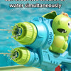 A blue water toy featuring a double nozzle design shooting two streams of water, with a green dinosaur figure nearby.