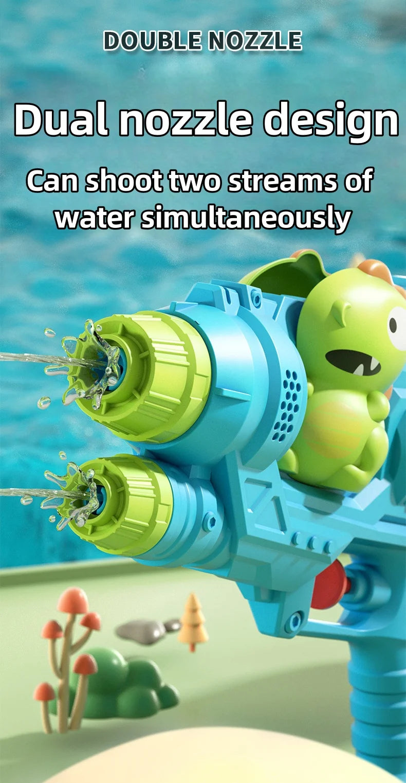 A blue water toy featuring a double nozzle design shooting two streams of water, with a green dinosaur figure nearby.