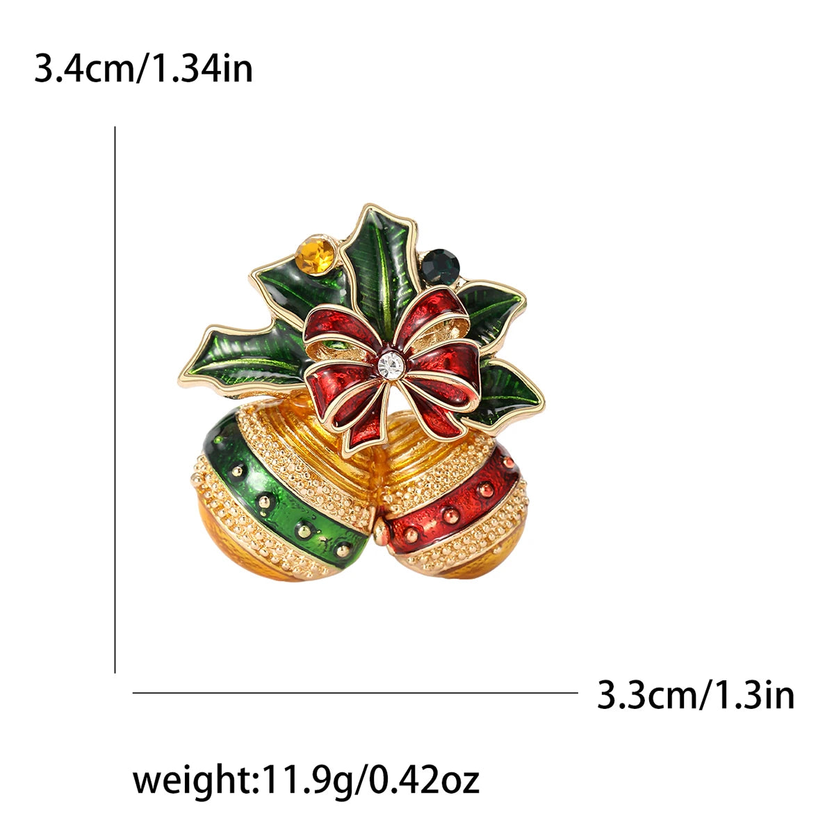Broche de campana esmaltada en color dorado decorado con hojas verdes y un lazo rojo, con pedrería transparente.