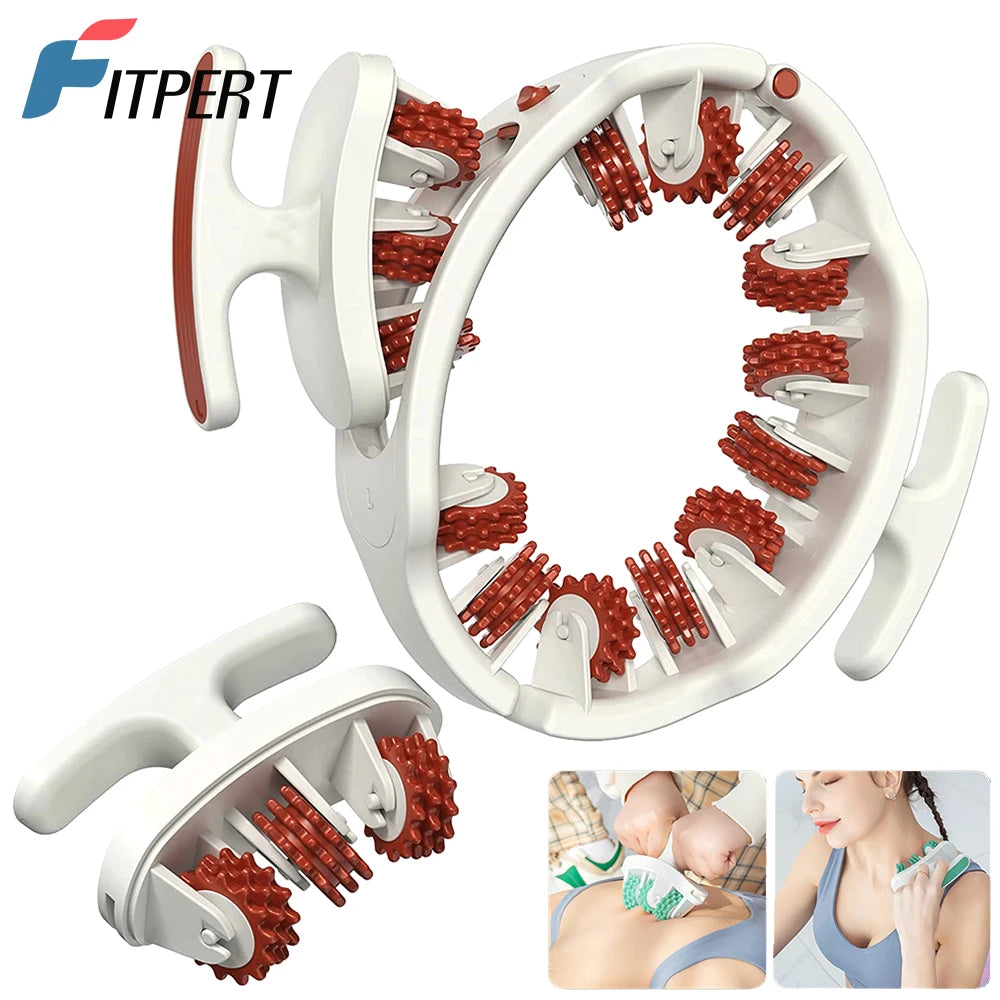 Rodillo de masaje muscular blanco para piernas, cuello y brazos con ejemplos de uso.
