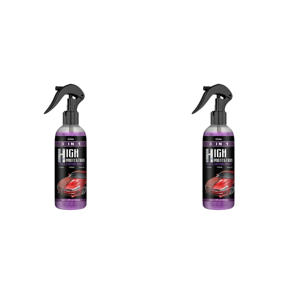 A bottle of 3-in-1 Nano Ceramic Coating Spray for Cars with a black pump dispenser.