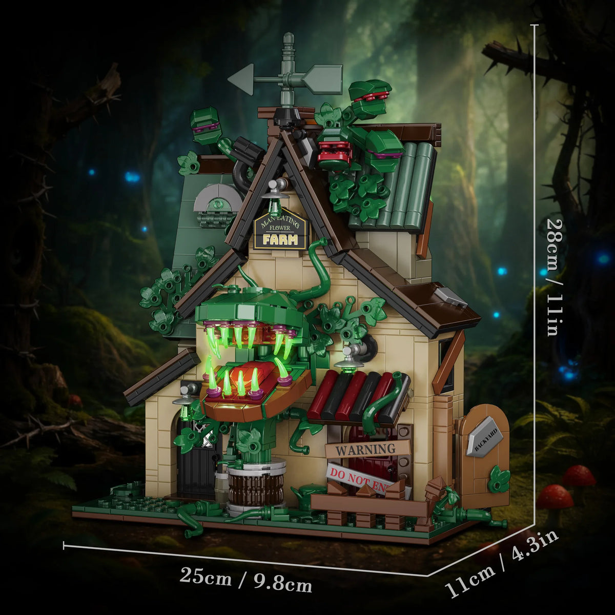 A detailed building block sculpture of a farm structure featuring green foliage and religious symbols.