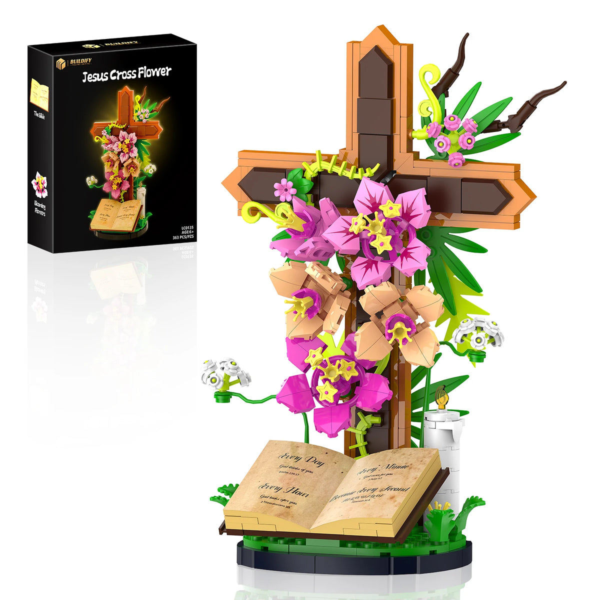A Jesus Cross Flower building set featuring a wooden cross adorned with pink and yellow flowers and greenery.