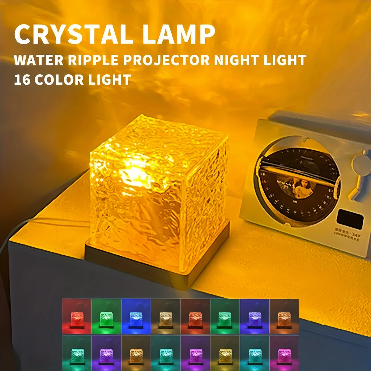Krystall-lampe projektor nattlys som viser 16 farger på et rutenett, mot gul bakgrunn.