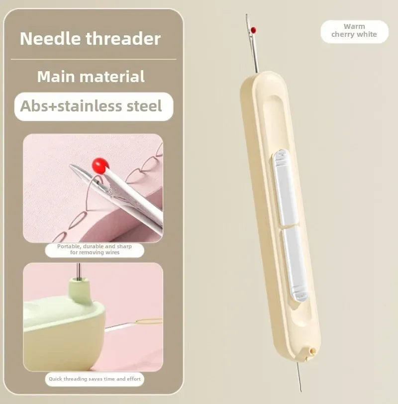 A portable needle threader made of ABS and stainless steel with a warm cherry white handle.