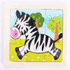 A wooden jigsaw puzzle depicting a zebra in motion against a light blue background.
