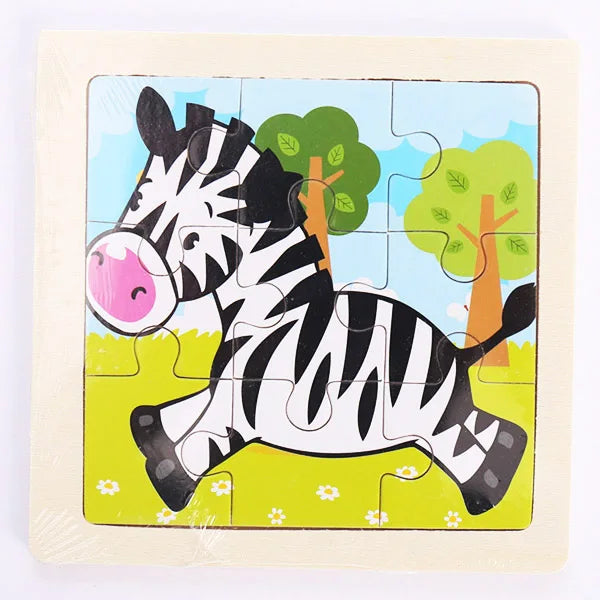 A wooden jigsaw puzzle depicting a zebra in motion against a light blue background.