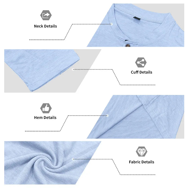 Detailed view of a light blue men's casual long-sleeve shirt showing neck, cuff, hem, and fabric details.