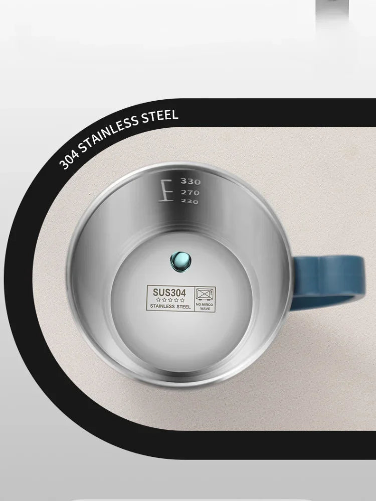 A silver stainless steel insulated travel mug with a blue handle and temperature markings is shown.