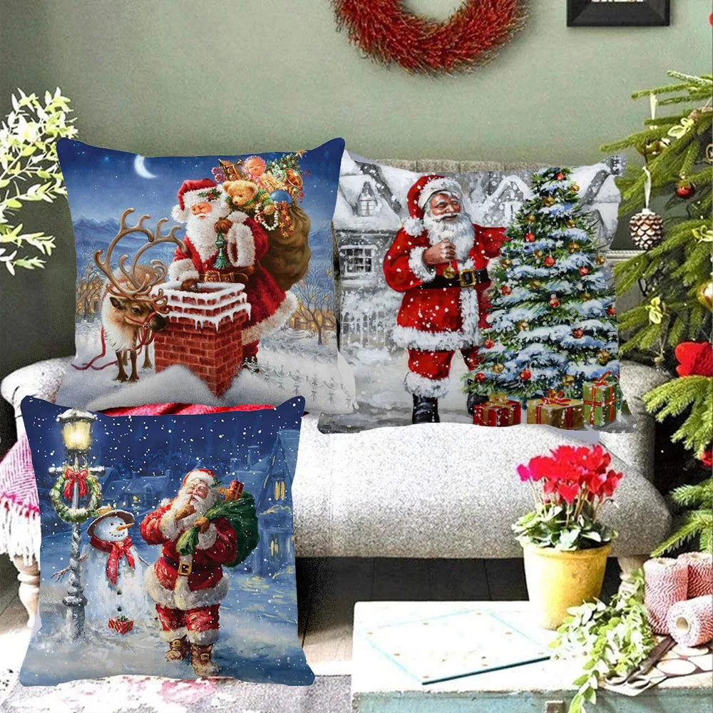 Festlig juleputetrekk med trykk av julenissen og pyntet juletre