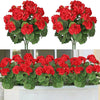 Two bunches of lifelike red artificial geranium flowers shown from above and a full arrangement in a planter
