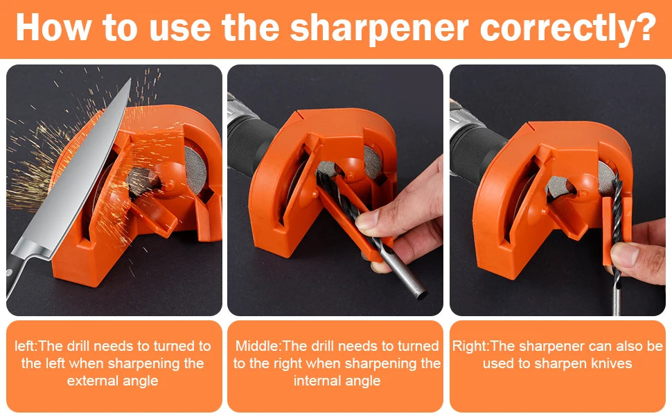 Diagram showing how to use a sharpener for external and internal angles on drill bits and knives.