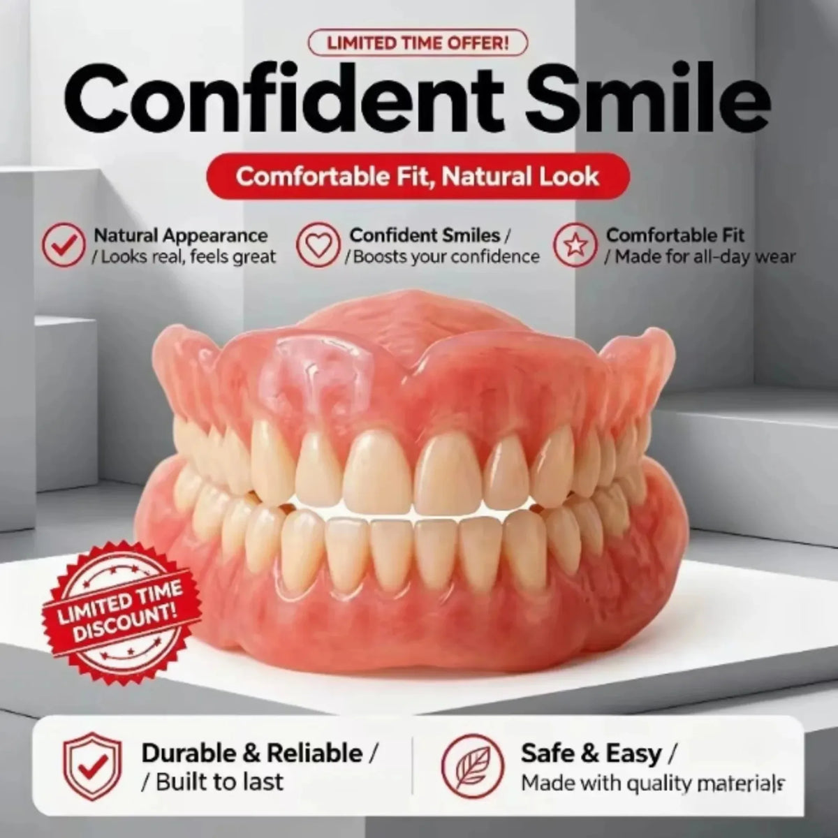 A pink complete denture is displayed on a white surface with accompanying care items and storage box.