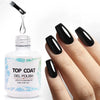 Bouteille de gel Top Coat avec goutte de liquide tombant, à côté d'une main appliquant le produit.