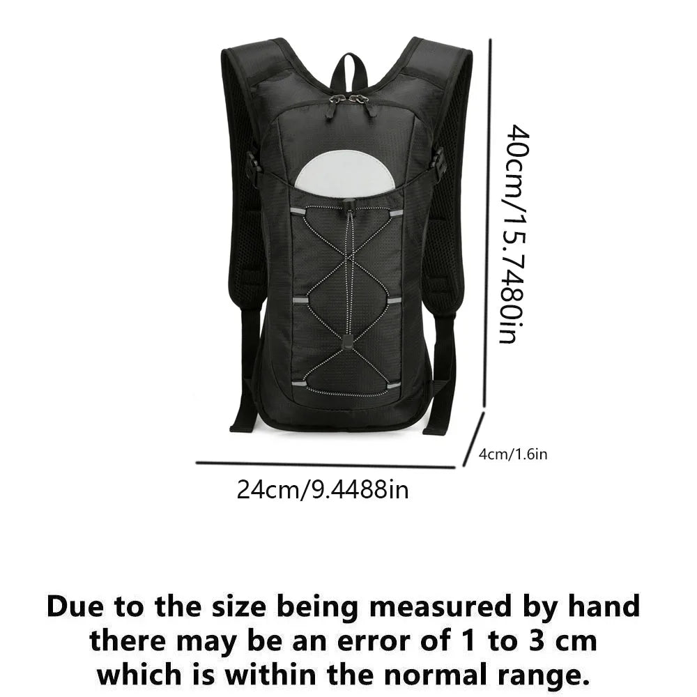 Black hydration backpack shown from the back with dimensions provided.