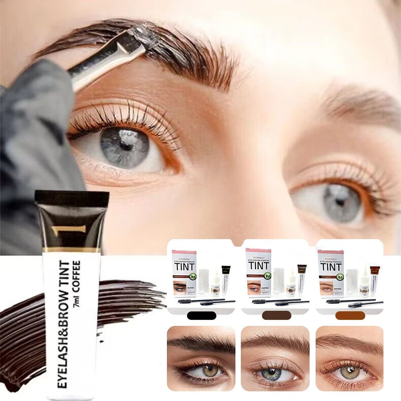 A close-up of a person's eye showing the application of an eyebrow and eyelash tint kit.