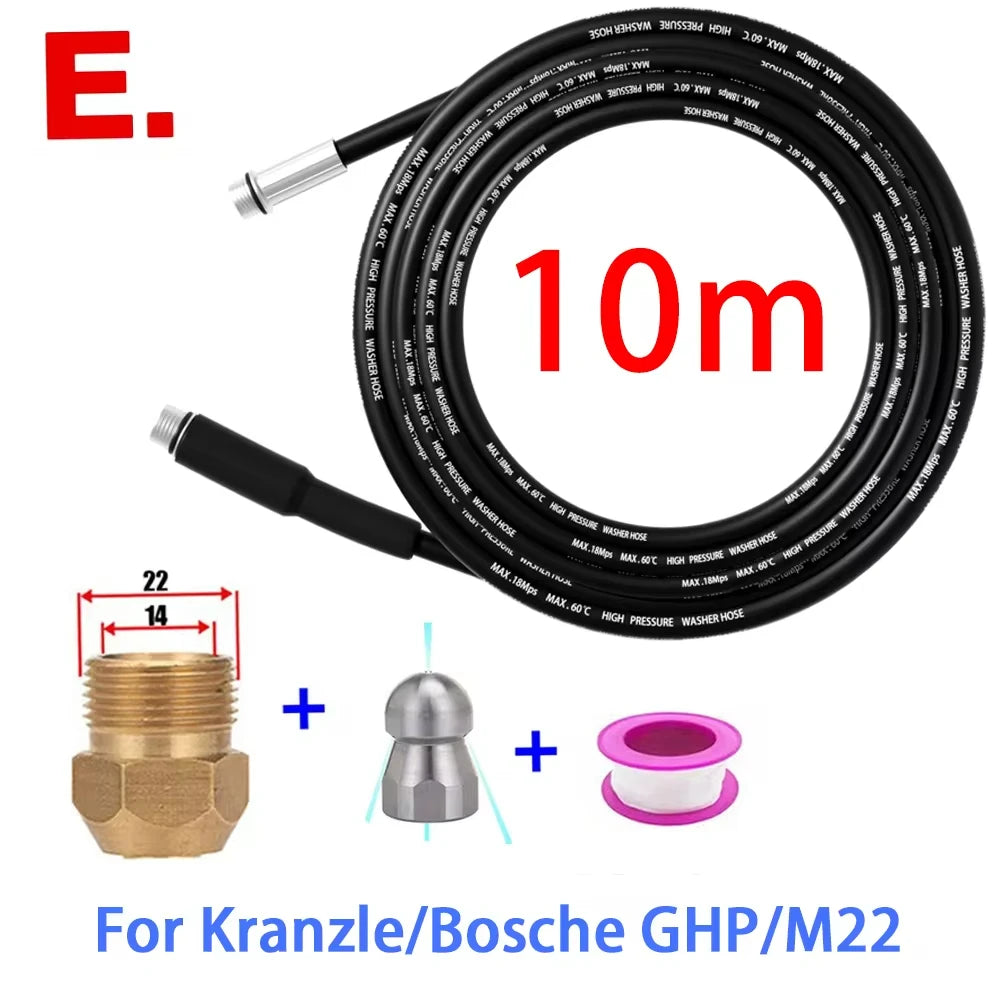 A black 10 meter high-pressure sewer jetting hose kit with a rotating nozzle and fittings for Kranzle/Bosche GHP/M22.
