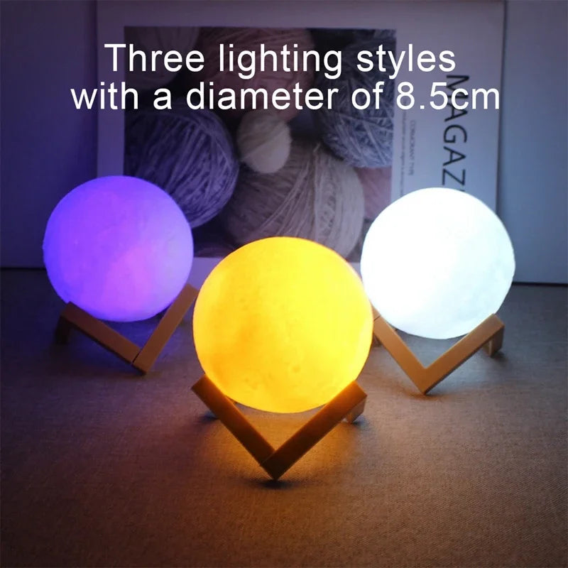 Three lighting styles of 8.5cm diameter LED night lights glowing purple, yellow, and white.