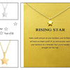 Un collar colgante de estrella dorada sobre fondo amarillo con texto Rising Star.