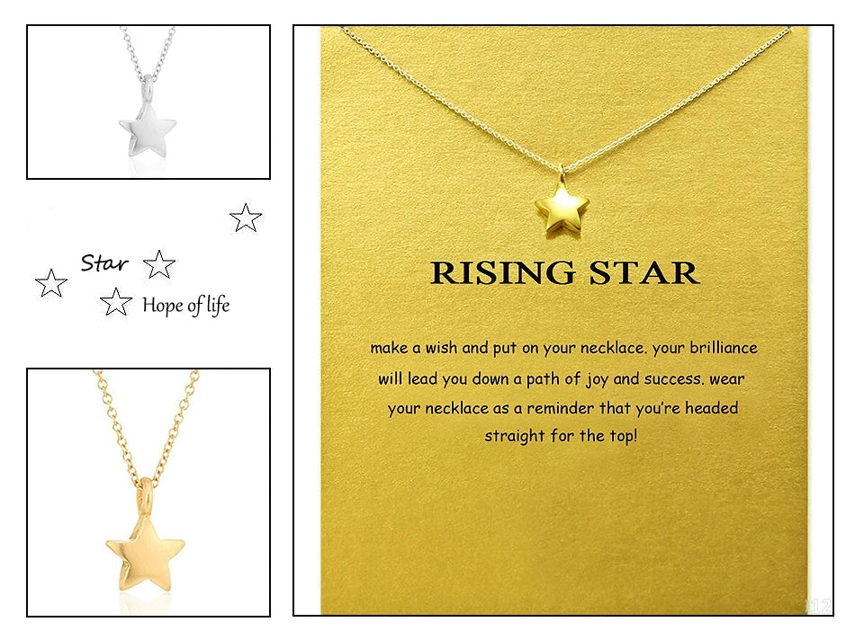 Un collar colgante de estrella dorada sobre fondo amarillo con texto Rising Star.