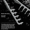 A close-up of a gray styling comb with wide teeth is shown against a dark background, demonstrating its use for washing and c