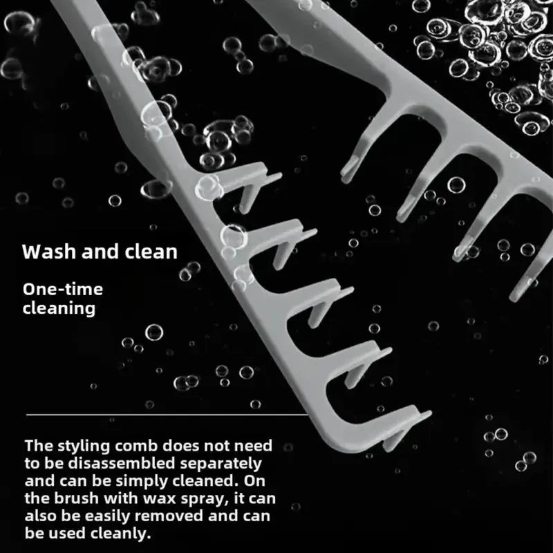 A close-up of a gray styling comb with wide teeth is shown against a dark background, demonstrating its use for washing and c