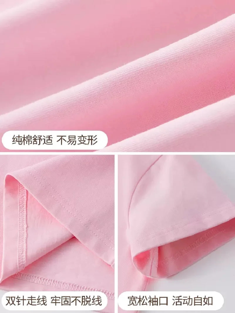 Pink kids t-shirt fabric showing smooth texture and stitching details