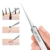Stainless steel tweezers used to remove blackheads, shown in various applications.