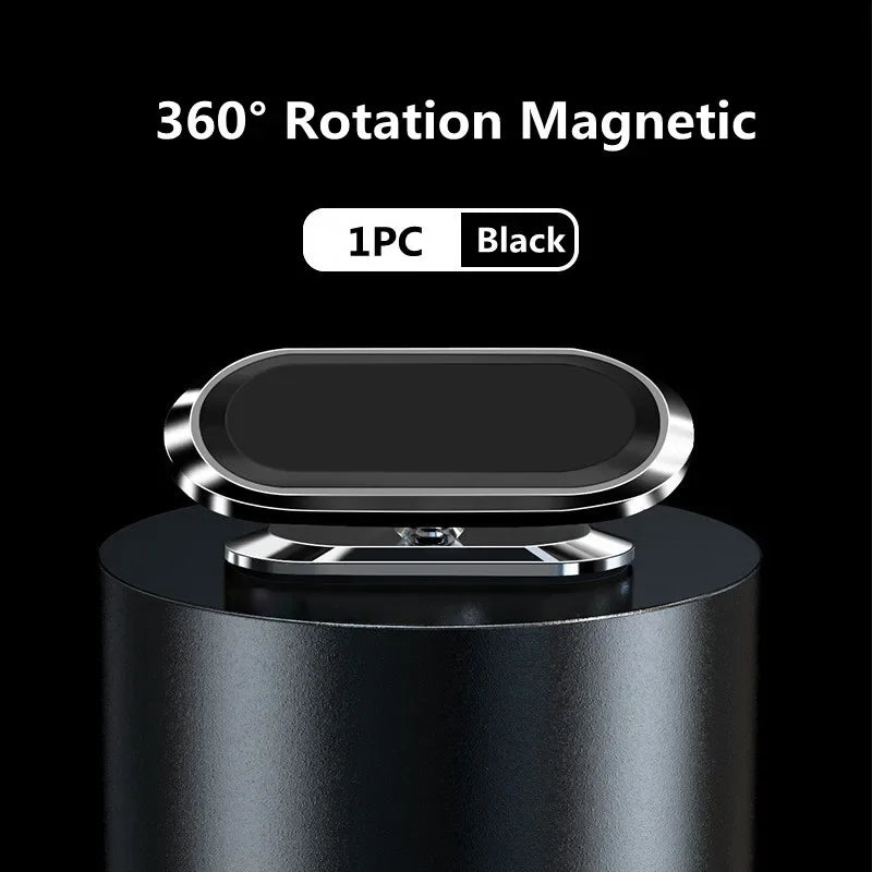 A black magnetic 360° rotating phone mount is shown mounted on a dark cylindrical base.