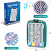 A box and a handheld light-up rhythm game machine with colorful lights and buttons.