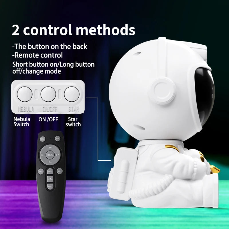 A white astronaut night light is shown with control methods including a button switch and a remote control.
