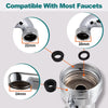 A metal faucet sprayer head is shown with various sizes and compatibility measurements for different faucets.
