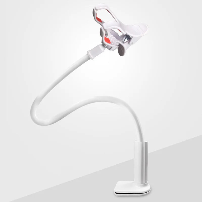 Un soporte de teléfono flexible de cuello de cisne blanco con una abrazadera sobre un fondo gris claro.
