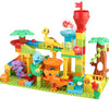 A colorful marble run building blocks set featuring tracks, funnels, and various animal figures.