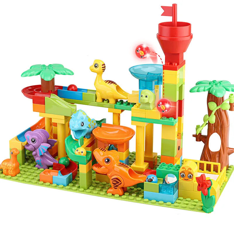A colorful marble run building blocks set featuring tracks, funnels, and various animal figures.