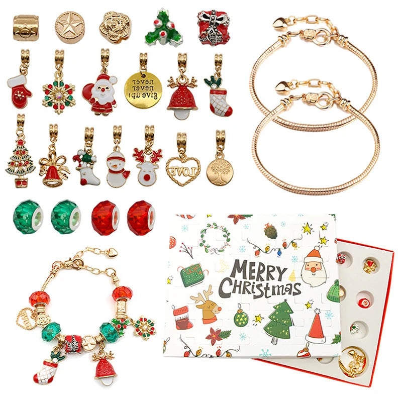 A collection of charm bracelets and ornaments displayed alongside a 24-day Christmas countdown advent calendar.